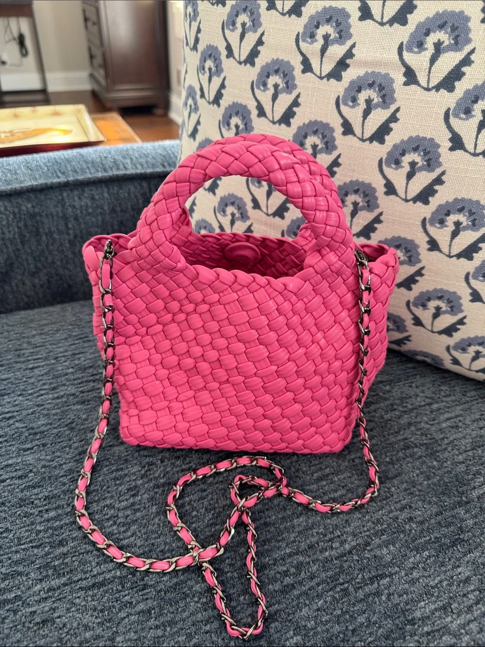 Woven Mini Tote Bag in Hot Pink